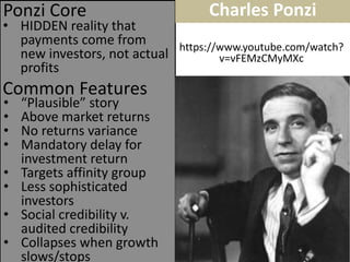 Charles Ponzi 
https://www.youtube.com/watch? v=vFEMzCMyMXc 
•HIDDEN reality that payments come from new investors, not actual profits 
Common Features 
Ponzi Core 
•“Plausible” story 
•Above market returns 
•No returns variance 
•Mandatory delay for investment return 
•Targets affinity group 
•Less sophisticated investors 
•Social credibility v. audited credibility 
•Collapses when growth slows/stops  
