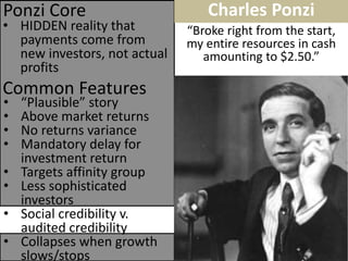 •HIDDEN reality that payments come from new investors, not actual profits 
Common Features 
Ponzi Core 
“Broke right from the start, my entire resources in cash amounting to $2.50.” 
•“Plausible” story 
•Above market returns 
•No returns variance 
•Mandatory delay for investment return 
•Targets affinity group 
•Less sophisticated investors 
•Social credibility v. audited credibility 
•Collapses when growth slows/stops 
Charles Ponzi  