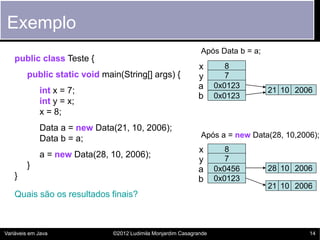 Exemplo
                                                              Após Data b = a;
   public class Teste {
           ...