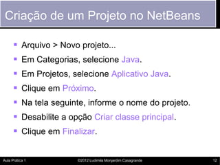 Criação de um Projeto no NetBeans

       Arquivo > Novo projeto...
       Em Categorias, selecione Java.
       Em Projetos, selecione Aplicativo Java.
       Clique em Próximo.
       Na tela seguinte, informe o nome do projeto.
       Desabilite a opção Criar classe principal.
       Clique em Finalizar.

Aula Prática 1         ©2012 Ludimila Monjardim Casagrande   12
 