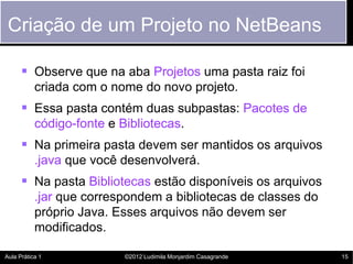 Criação de um Projeto no NetBeans

       Observe que na aba Projetos uma pasta raiz foi
           criada com o nome do novo projeto.
       Essa pasta contém duas subpastas: Pacotes de
           código-fonte e Bibliotecas.
       Na primeira pasta devem ser mantidos os arquivos
           .java que você desenvolverá.
       Na pasta Bibliotecas estão disponíveis os arquivos
           .jar que correspondem a bibliotecas de classes do
           próprio Java. Esses arquivos não devem ser
           modificados.

Aula Prática 1             ©2012 Ludimila Monjardim Casagrande   15
 