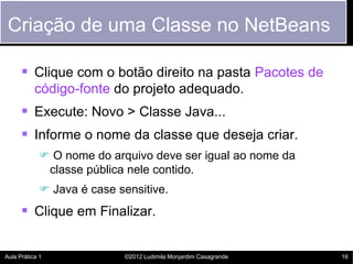 Criação de uma Classe no NetBeans

       Clique com o botão direito na pasta Pacotes de
           código-fonte do projeto adequado.
       Execute: Novo > Classe Java...
       Informe o nome da classe que deseja criar.
             O nome do arquivo deve ser igual ao nome da
             classe pública nele contido.
             Java é case sensitive.
       Clique em Finalizar.

Aula Prática 1             ©2012 Ludimila Monjardim Casagrande   16
 
