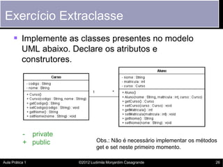 Exercício Extraclasse
       Implemente as classes presentes no modelo
           UML abaixo. Declare os atributos e
           construtores.




           - private
           + public               Obs.: Não é necessário implementar os métodos
                                  get e set neste primeiro momento.

Aula Prática 1           ©2012 Ludimila Monjardim Casagrande                  26
 