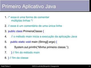 Primeiro Aplicativo Java
     1. /* essa é uma forma de comentar
           múltiplas linhas */
     2. // esse é um comentário de uma única linha
     3. public class PrimeiraClasse {
     4.          // o método main inicia a execução da aplicação Java
     5.      public static void main (String[] args) {
     6.            System.out.println(“Minha primeira classe.”);
     7.          } // fim do método main
     8. } // fim da classe

Aula Prática 1                   ©2012 Ludimila Monjardim Casagrande    3
 