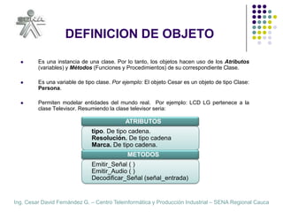 DEFINICION DE OBJETOEs una instancia de una clase. Por lo tanto, los objetos hacen uso de los Atributos (variables) y Métodos (Funciones y Procedimientos) de su correspondiente Clase.Es una variable de tipo clase. Por ejemplo: El objeto Cesar es un objeto de tipo Clase: Persona. Permiten modelar entidades del mundo real.  Por ejemplo: LCD LG pertenece a la clase Televisor. Resumiendo la clase televisor seria:ATRIBUTOStipo. De tipo cadena.Resolución. De tipo cadenaMarca. De tipo cadena.METODOSEmitir_Señal ( )Emitir_Audio ( )Decodificar_Señal (señal_entrada)