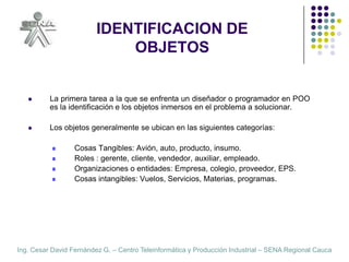IDENTIFICACION DE OBJETOSLa primera tarea a la que se enfrenta un diseñador o programador en POO es la identificación e los objetos inmersos en el problema a solucionar.Los objetos generalmente se ubican en las siguientes categorías:Cosas Tangibles: Avión, auto, producto, insumo.Roles : gerente, cliente, vendedor, auxiliar, empleado.Organizaciones o entidades: Empresa, colegio, proveedor, EPS.Cosas intangibles: Vuelos, Servicios, Materias, programas.