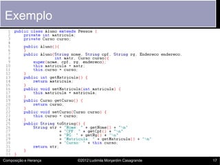 Exemplo




Composição e Herança   ©2012 Ludimila Monjardim Casagrande   17
 
