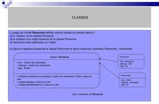 CLASSES L’usage de l’entité  Personne  définie comme classe se ramène alors à : la création d’une classe Personne la création d’un objet instance de la classe Personne l’activation des méthodes sur l’objet La figure ci-dessous présente la classe Personne et deux instances nommées Personne1, Personne2 Classe  Personne nom : chaîne de caractères  adresse : chaîne de caractères âge : Entier + initialiser (chaîne de caractères, chaîne de caractères, Entier) retourne vide  + catégorieDâge () retourne vide + catégorieDeResidence () retourne vide Personne1 nom : Bangoura  adresse : ville âge : 35 Personne2 nom : Keita adresse : campagne âge : 25 Deux instances de  Personne 