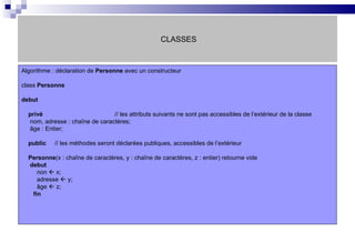 CLASSES Algorithme : déclaration de  Personne  avec un constructeur class  Personne debut privé // les attributs suivants ne sont pas accessibles de l’extérieur de la classe nom, adresse : chaîne de caractères; âge : Entier;  public   // les méthodes seront déclarées publiques, accessibles de l’extérieur Personne (x : chaîne de caractères, y : chaîne de caractères, z : entier) retourne vide debut non    x; adresse    y; âge    z; fin 