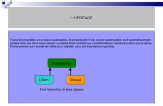 L’HERITAGE Toutes les propriétés de la classe quadrupède, et en particulier le fait d’avoir quatre pattes, sont automatiquement portées dans ces deux sous-classes. La classe Chien précise que l’animal pratique l’aboiement alors que la classe Cheval précise que l’animal est utilisé pour travailler dans des exploitations agricoles. Quadrupède  Cheval  Chien  Une hiérarchie de trois classes 