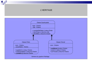 L’HERITAGE Classe Quadrupède type : Chaîne site : Chaîne + nombreDePattes () retour Entier + decritType () retourne vide  + decritSite () retourne Chaine Classe Chien nom : Chaîne propriétaire : Chaîne + typeDeCri () retour Chaine + sonPropriétaire () retourne Chaine  +  sonNom ()  retourne Chaine Classe Cheval nom : Chaîne +  sonNnom ()  retour Chaine + sonCri () retourn Chaine  + sonTravail () retourne Chaine Schéma du graphe d’héritage   