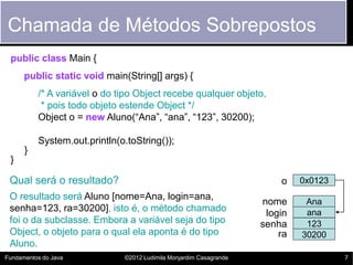 Chamada de Métodos Sobrepostos
 public class Main {
      public static void main(String[] args) {
          /* A variável o do tipo Object recebe qualquer objeto,
           * pois todo objeto estende Object */
          Object o = new Aluno(“Ana”, “ana”, “123”, 30200);

          System.out.println(o.toString());
      }
 }

 Qual será o resultado?                                                 o    0x0123
 O resultado será Aluno [nome=Ana, login=ana,
                                                                    nome      Ana
 senha=123, ra=30200], isto é, o método chamado                               ana
                                                                     login
 foi o da subclasse. Embora a variável seja do tipo                 senha     123
 Object, o objeto para o qual ela aponta é do tipo                      ra   30200
 Aluno.
Fundamentos do Java           ©2012 Ludimila Monjardim Casagrande                     7
 