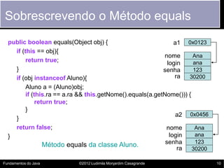 Sobrescrevendo o Método equals
  public boolean equals(Object obj) {                           a1 0x0123
    if (this == o...