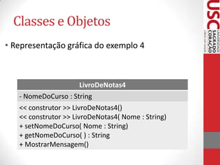 Classes e Objetos
• Representação gráfica do exemplo 4

LivroDeNotas4
- NomeDoCurso : String
<< construtor >> LivroDeNotas4()
<< construtor >> LivroDeNotas4( Nome : String)
+ setNomeDoCurso( Nome : String)
+ getNomeDoCurso( ) : String
+ MostrarMensagem()

 