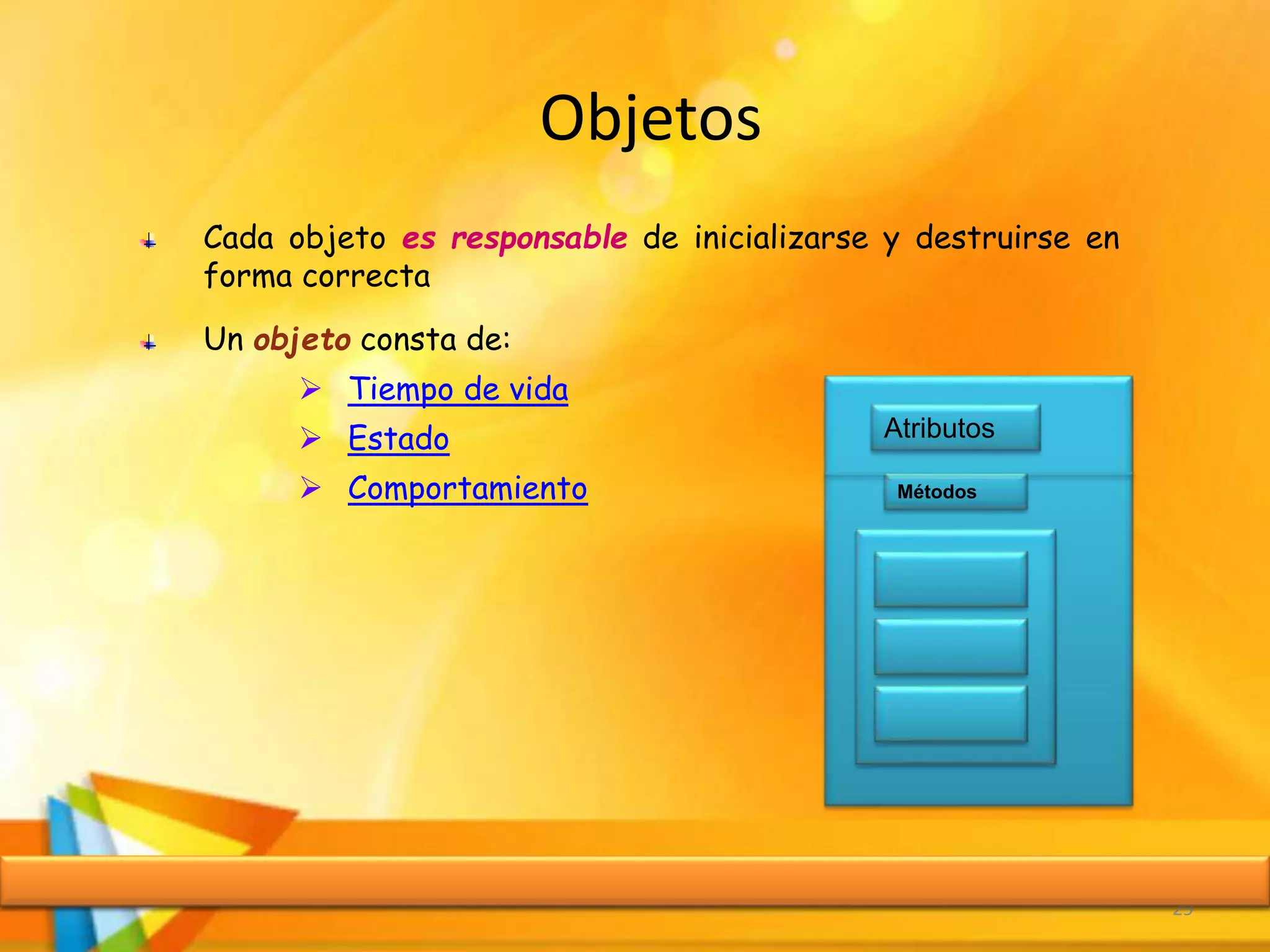 Objetos
29
Cada objeto es responsable de inicializarse y destruirse en
forma correcta
Un objeto consta de:
 Tiempo de vida
 Estado
 Comportamiento
Atributos
Métodos
 