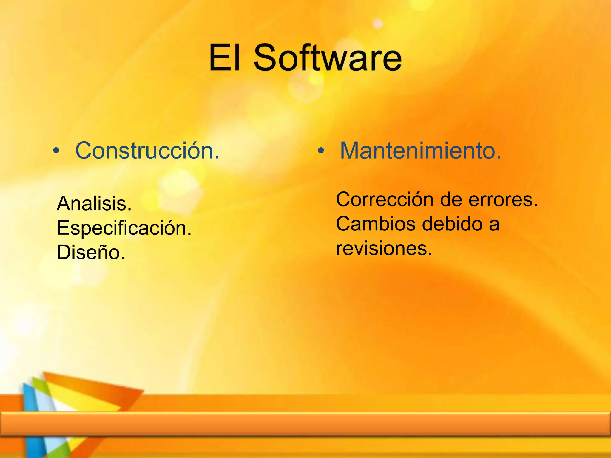 • Construcción. • Mantenimiento.
Analisis.
Especificación.
Diseño.
Corrección de errores.
Cambios debido a
revisiones.
 