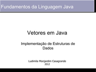 Fundamentos da Linguagem Java




           Vetores em Java
        Implementação de Estruturas de
                   Dados


            Ludimila Monjardim Casagrande
                        2012
 