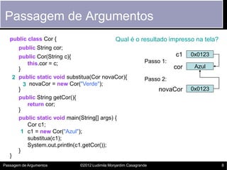 Passagem de Argumentos
   public class Cor {                              Qual é o resultado impresso na tela?
         public String cor;
         public Cor(String c){                                               c1    0x0123
            this.cor = c;                                         Passo 1:
         }                                                                   cor    Azul
       2 public static void substitua(Cor novaCor){               Passo 2:
           3 novaCor = new Cor("Verde");
         }                                                             novaCor     0x0123
         public String getCor(){
            return cor;
         }
         public static void main(String[] args) {
            Cor c1;
          1 c1 = new Cor("Azul");
            substitua(c1);
            System.out.println(c1.getCor());
         }
   }
Passagem de Argumentos           ©2012 Ludimila Monjardim Casagrande                        8
 