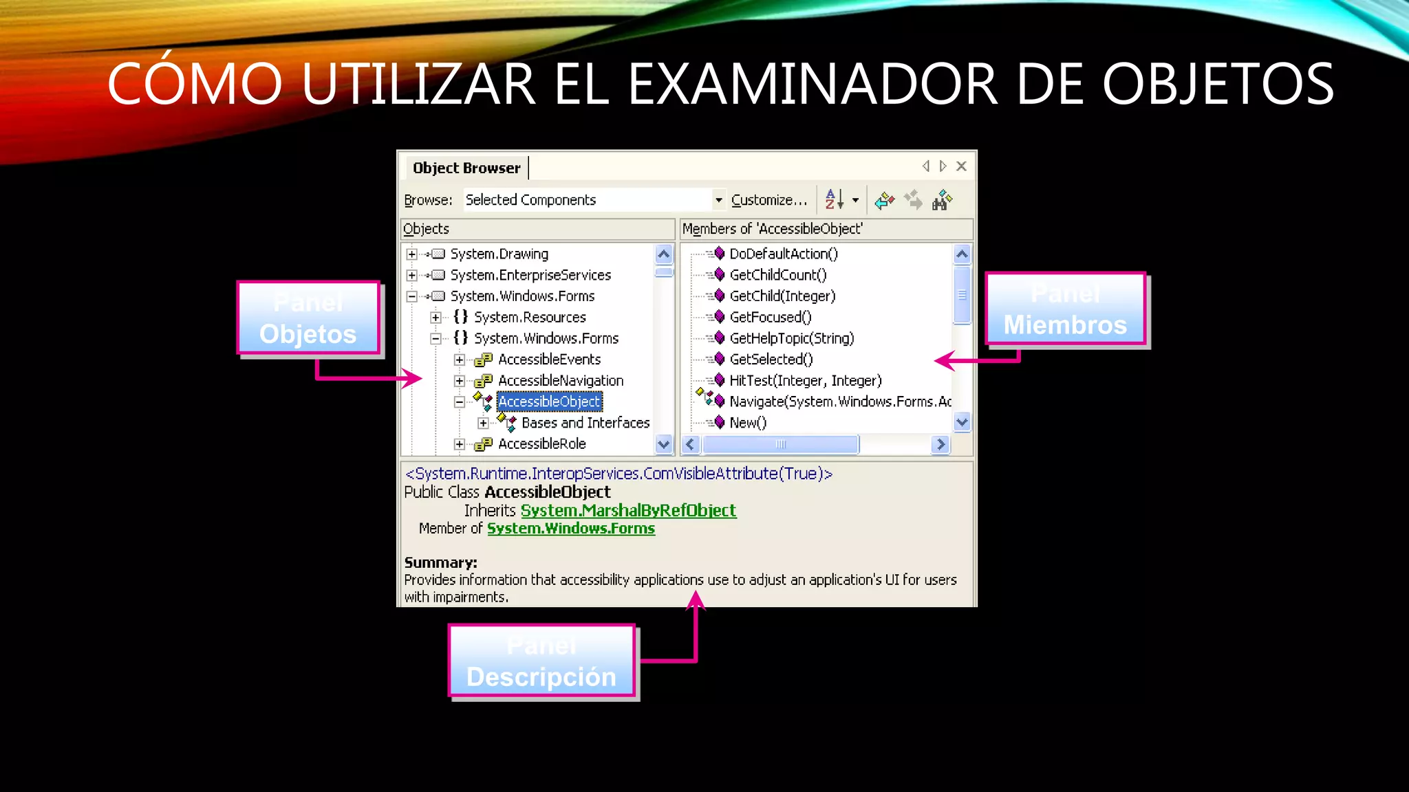 CÓMO UTILIZAR EL EXAMINADOR DE OBJETOS
Panel
Objetos
Panel
Miembros
Panel
Descripción
 