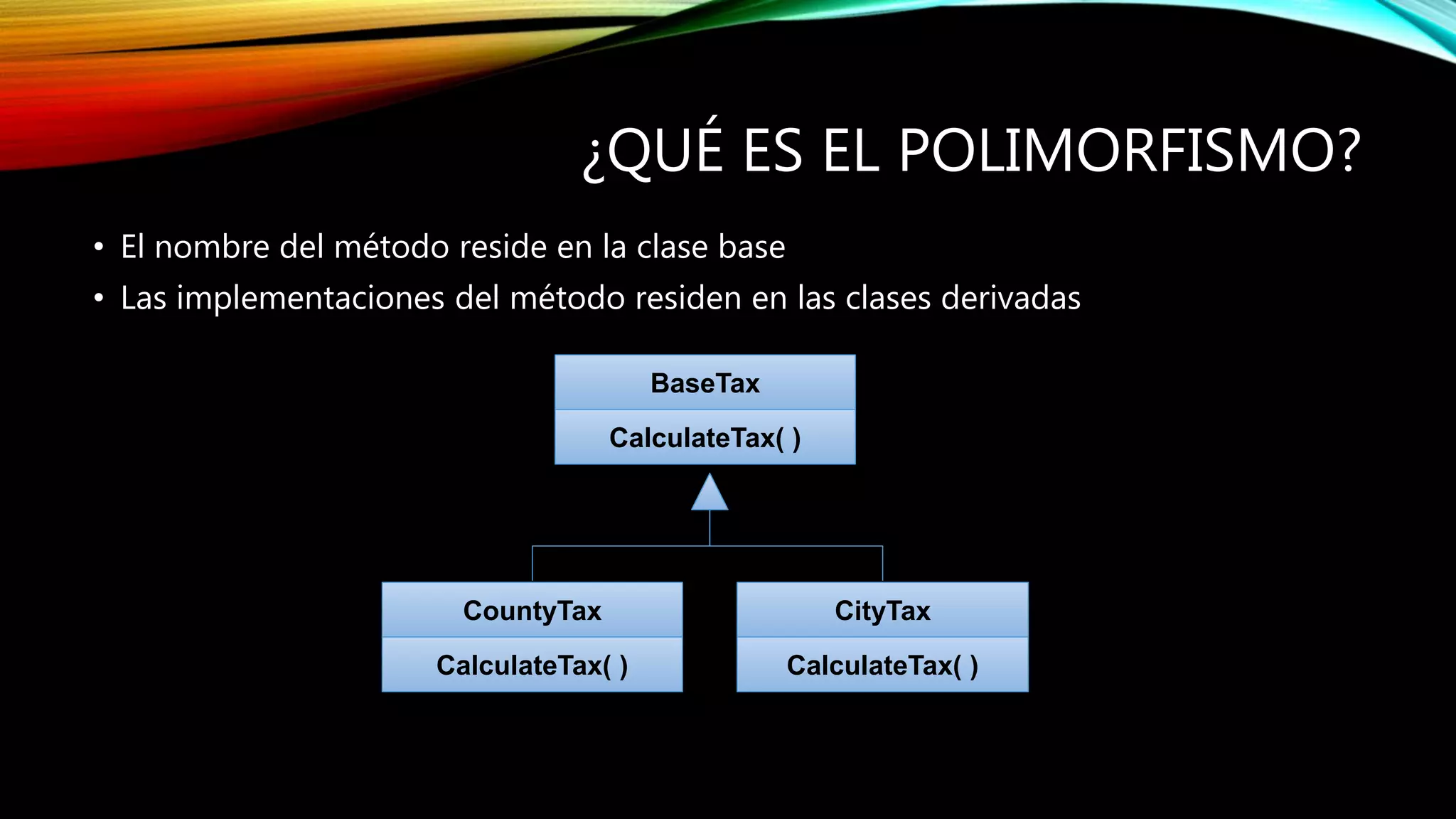 ¿QUÉ ES EL POLIMORFISMO?
• El nombre del método reside en la clase base
• Las implementaciones del método residen en las clases derivadas
BaseTax
CalculateTax( )
CountyTax
CalculateTax( )
CityTax
CalculateTax( )
 