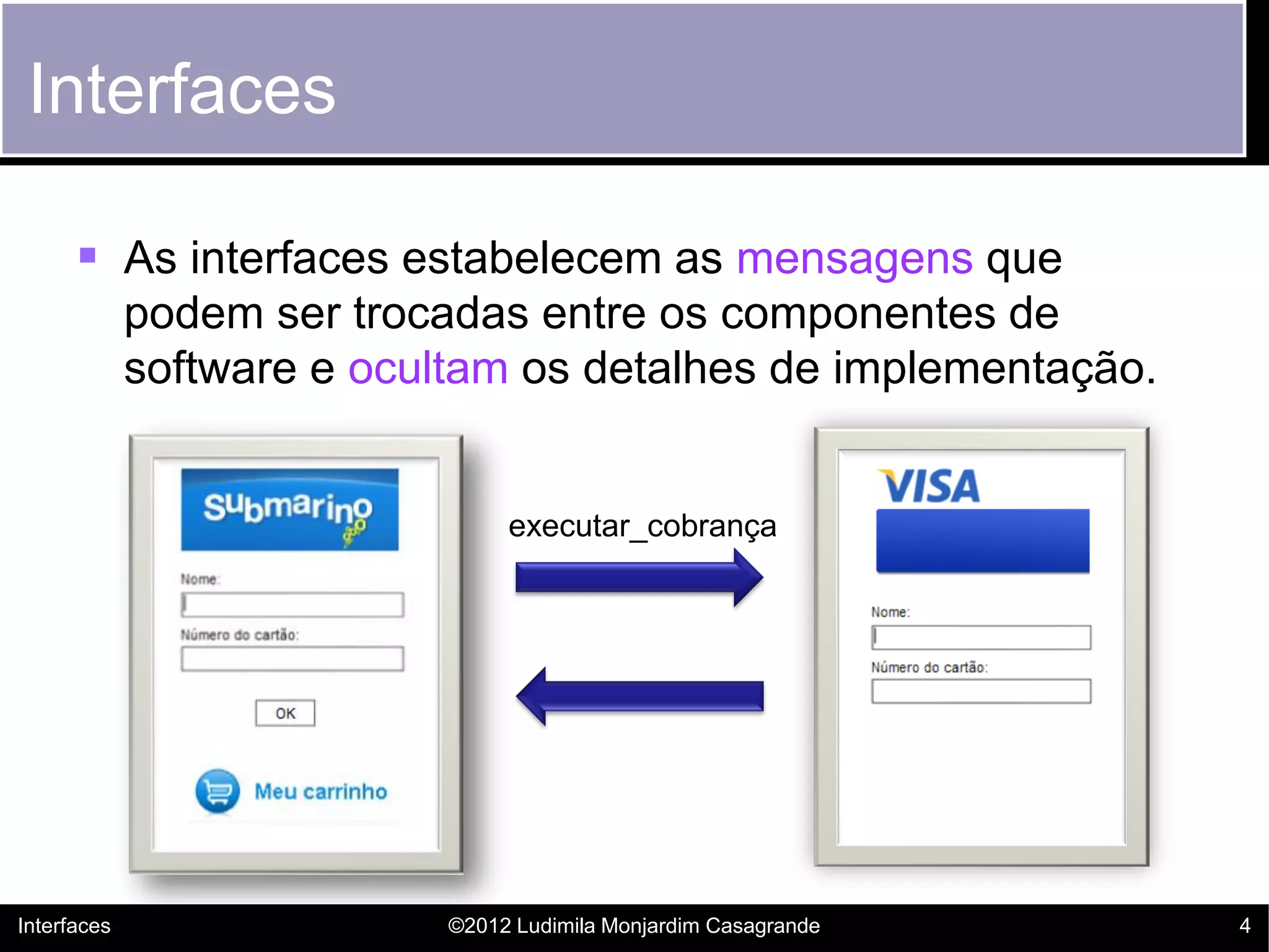 Interfaces

       As interfaces estabelecem as mensagens que
             podem ser trocadas entre os componentes de
             software e ocultam os detalhes de implementação.


                                 executar_cobrança




Interfaces                  ©2012 Ludimila Monjardim Casagrande   4
 