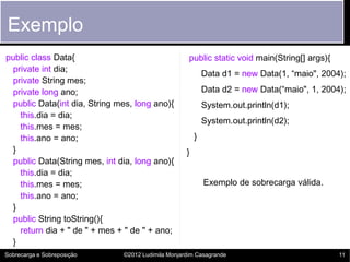 Exemplo
public class Data{                                   public static void main(String[] args){
  private int dia;
                                                            Data d1 = new Data(1, “maio", 2004);
  private String mes;
  private long ano;                                         Data d2 = new Data(“maio", 1, 2004);
  public Data(int dia, String mes, long ano){               System.out.println(d1);
    this.dia = dia;
                                                            System.out.println(d2);
    this.mes = mes;
    this.ano = ano;                                     }
  }                                                 }
  public Data(String mes, int dia, long ano){
    this.dia = dia;
    this.mes = mes;                                         Exemplo de sobrecarga válida.
    this.ano = ano;
  }
  public String toString(){
    return dia + " de " + mes + " de " + ano;
  }
Sobrecarga e Sobreposição      ©2012 Ludimila Monjardim Casagrande                             11
 