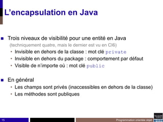 15
L’encapsulation en Java
◼ Trois niveaux de visibilité pour une entité en Java
(techniquement quatre, mais le dernier est vu en CI6)
• Invisible en dehors de la classe : mot clé private
• Invisible en dehors du package : comportement par défaut
• Visible de n’importe où : mot clé public
◼ En général
• Les champs sont privés (inaccessibles en dehors de la classe)
• Les méthodes sont publiques
Programmation orientée objet
 