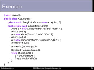Exemplo
   import java.util.*;
   public class CadAlunos {
        private static ArrayList alunos = new ArrayList(10);
        public static void main(String[] args){
           Aluno a = new Aluno("André", "andre", "123", 1);
           alunos.add(a);
           a = new Aluno("Carla", "carla", "456", 2);
           alunos.add(a);
           a = new Aluno("Cristiane", "cristiane", "789", 3);
           alunos.add(2, a);
             a = (Aluno)alunos.get(1);
             Iterator it = alunos.iterator();
             while (it.hasNext()) {
                 a = (Aluno)it.next();
                 System.out.println(a);
             }
        }
   }
Coleções e Arrays                    ©2012 Ludimila Monjardim Casagrande   24
 