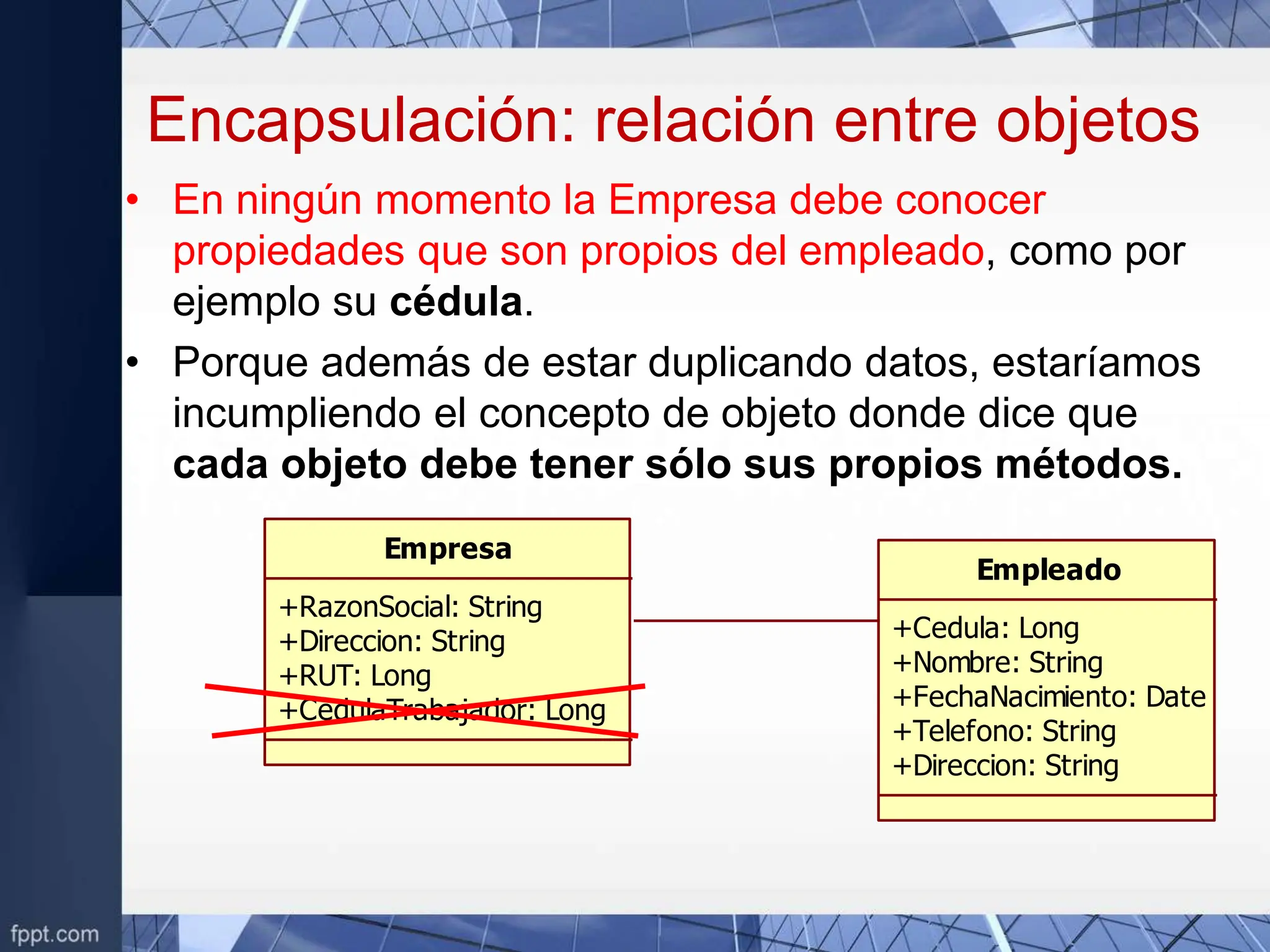 Encapsulación: relación entre objetos
• En ningún momento la Empresa debe conocer
propiedades que son propios del empleado, como por
ejemplo su cédula.
• Porque además de estar duplicando datos, estaríamos
incumpliendo el concepto de objeto donde dice que
cada objeto debe tener sólo sus propios métodos.
Empresa
+RazonSocial: String
+Direccion: String
+RUT: Long
+CedulaTrabajador: Long
Empleado
+Cedula: Long
+Nombre: String
+FechaNacimiento: Date
+Telefono: String
+Direccion: String
 