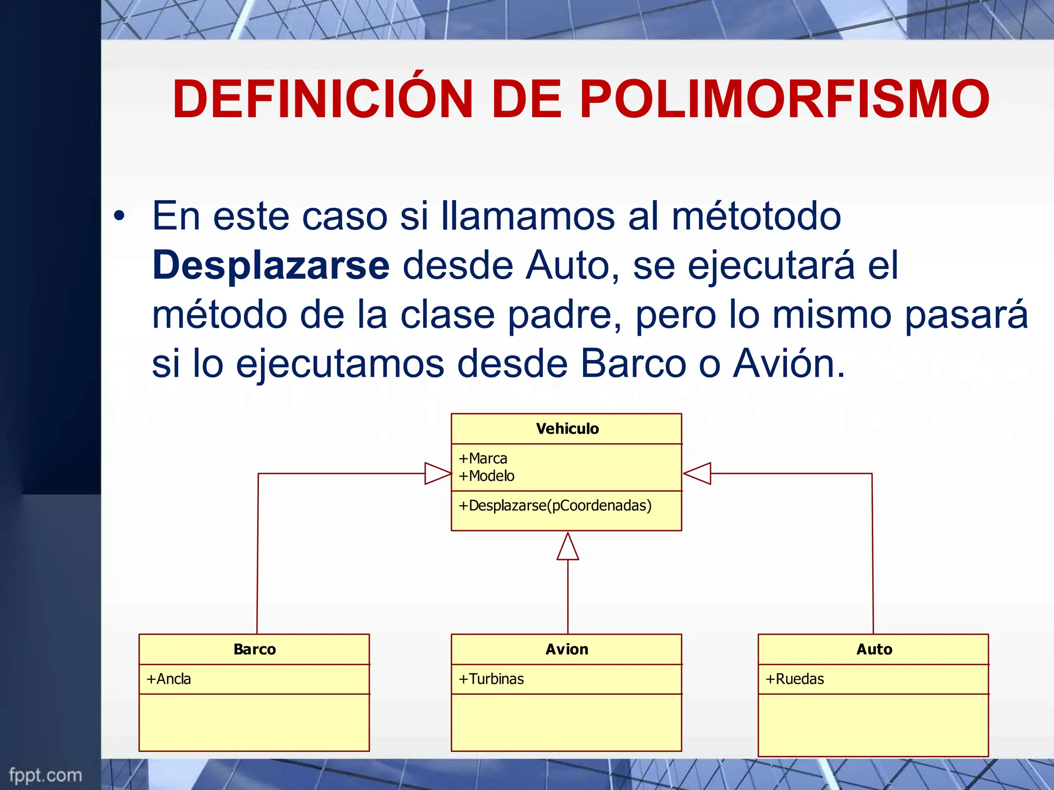 DEFINICIÓN DE POLIMORFISMO
• En este caso si llamamos al métotodo
Desplazarse desde Auto, se ejecutará el
método de la clase padre, pero lo mismo pasará
si lo ejecutamos desde Barco o Avión.
Vehiculo
+Marca
+Modelo
+Desplazarse(pCoordenadas)
Barco
+Ancla
Avion
+Turbinas
Auto
+Ruedas
 