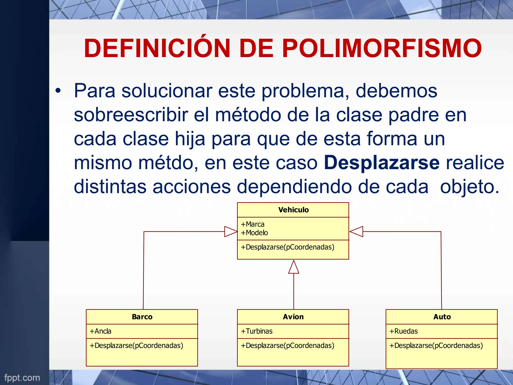 DEFINICIÓN DE POLIMORFISMO
• Para solucionar este problema, debemos
sobreescribir el método de la clase padre en
cada clase hija para que de esta forma un
mismo métdo, en este caso Desplazarse realice
distintas acciones dependiendo de cada objeto.
Vehiculo
+Marca
+Modelo
+Desplazarse(pCoordenadas)
Barco
+Ancla
+Desplazarse(pCoordenadas)
Avion
+Turbinas
+Desplazarse(pCoordenadas)
Auto
+Ruedas
+Desplazarse(pCoordenadas)
 