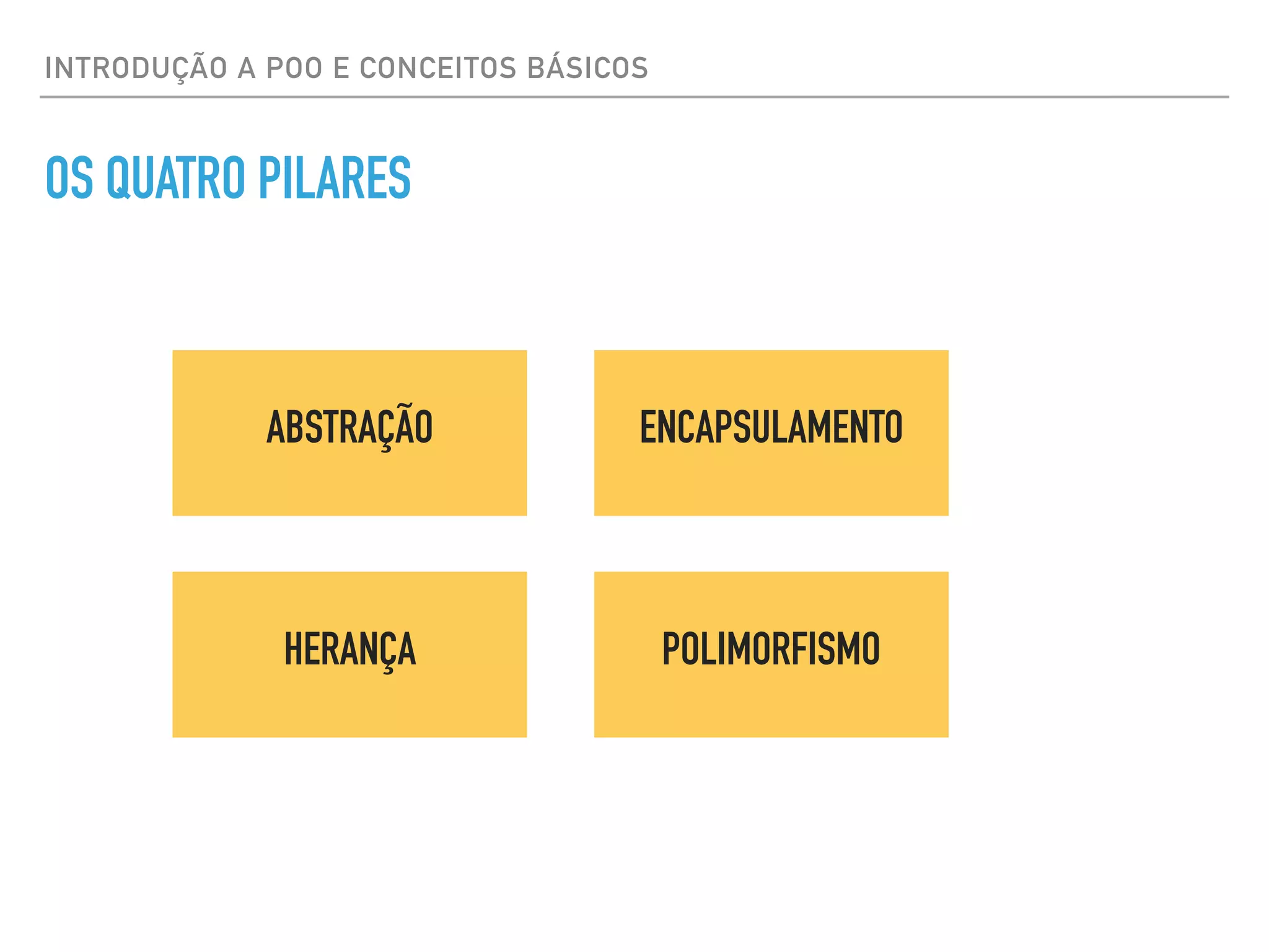 INTRODUÇÃO A POO E CONCEITOS BÁSICOS
OS QUATRO PILARES
ABSTRAÇÃO ENCAPSULAMENTO
HERANÇA POLIMORFISMO
 