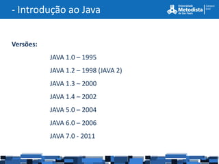 - Introdução ao Java


Versões:
           JAVA 1.0 – 1995
           JAVA 1.2 – 1998 (JAVA 2)
           JAVA 1.3 – 2000
           JAVA 1.4 – 2002
           JAVA 5.0 – 2004
           JAVA 6.0 – 2006
           JAVA 7.0 - 2011
 
