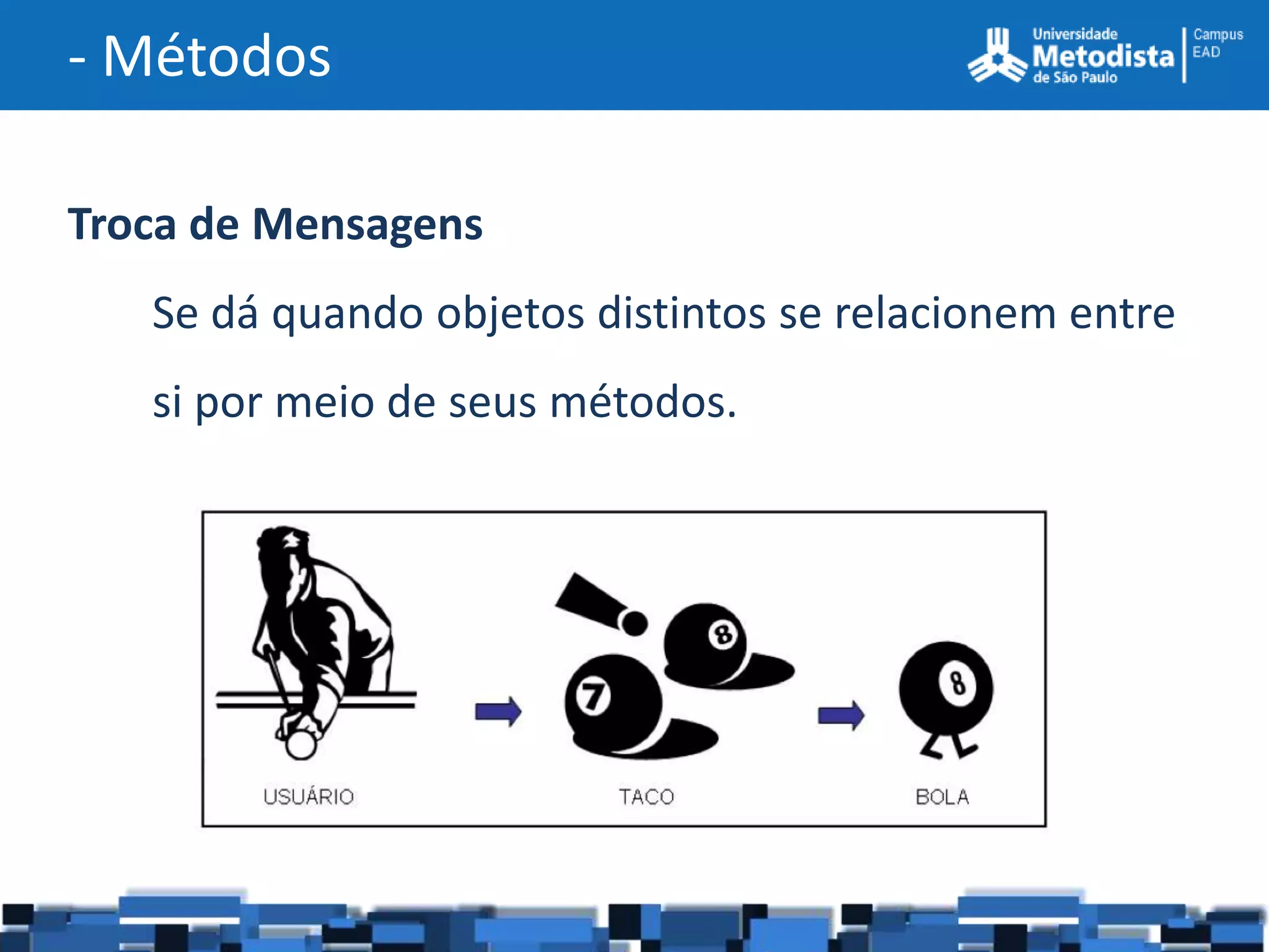- Métodos

Troca de Mensagens
   Se dá quando objetos distintos se relacionem entre
   si por meio de seus métodos.
 