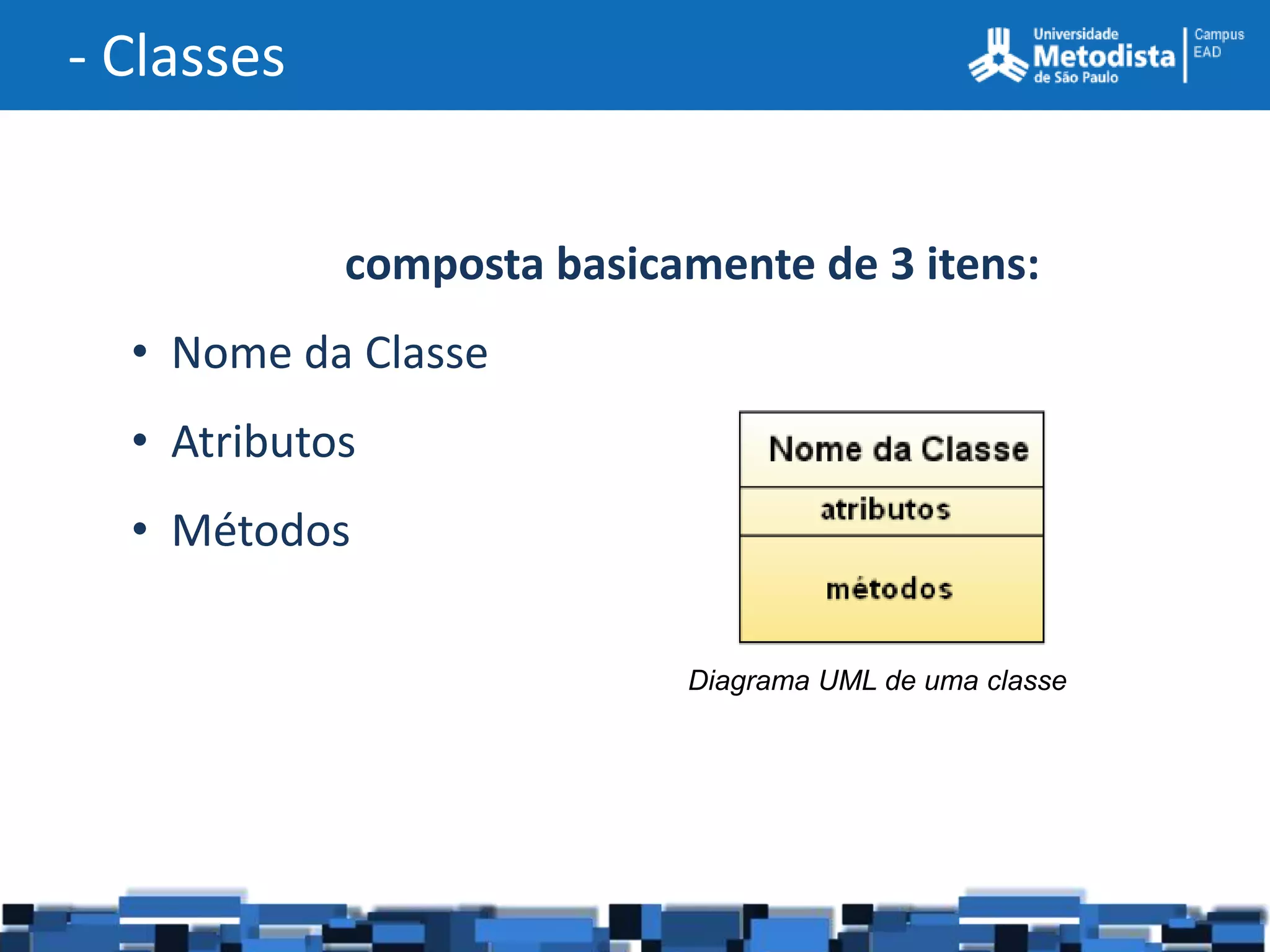 - Classes


            composta basicamente de 3 itens:
  • Nome da Classe
  • Atributos
  • Métodos

                           Diagrama UML de uma classe
 