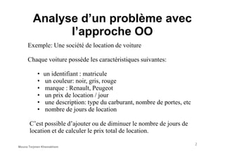 Analyse d’un problème avec
l’approche OO
Exemple: Une société de location de voiture
Chaque voiture possède les caractéristiques suivantes:
• un identifiant : matricule
• un couleur: noir, gris, rouge• un couleur: noir, gris, rouge
• marque : Renault, Peugeot
• un prix de location / jour
• une description: type du carburant, nombre de portes, etc
• nombre de jours de location
C’est possible d’ajouter ou de diminuer le nombre de jours de
location et de calculer le prix total de location.
2
Mouna Torjmen Khemakhem
 
