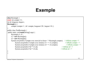 Exemple
class Rectangle {
static int compte= 0 ;
int id, longueur, largeur ;
Rectangle () {
compte=compte+1 ; id= compte; longueur=20 ; largeur=10 ;}
}
public class TestRectangle {
public static void main(String[] args) {
48
public static void main(String[] args) {
Rectangle r1, r2 ;
r1 = new Rectangle();
r2 = new Rectangle();
System.out.println ("compte avec nom de la classe= "+Rectangle.compte); // Affiche compte =?
System.out.println ("compte avec instance r1= "+ r1.compte); // Affiche compte = ?
System.out.println ("compte avec instance r2= "+ r2.compte); // Affiche compte = ?
System.out.println ("id="+r1.id); // Affiche id = ?
System.out.println ("id="+r2.id); // Affiche id = ?
}
}
Mouna Torjmen Khemakhem
 