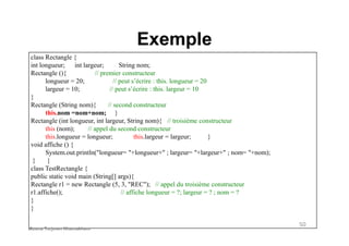 Exemple
class Rectangle {
int longueur; int largeur; String nom;
Rectangle (){ // premier constructeur
longueur = 20; // peut s’écrire : this. longueur = 20
largeur = 10; // peut s’écrire : this. largeur = 10
}
Rectangle (String nom){ // second constructeur
this.nom =nom+nom; }
Rectangle (int longueur, int largeur, String nom){ // troisième constructeur
50
Rectangle (int longueur, int largeur, String nom){ // troisième constructeur
this (nom); // appel du second constructeur
this.longueur = longueur; this.largeur = largeur; }
void affiche () {
System.out.println("longueur= "+longueur+" ; largeur= "+largeur+" ; nom= "+nom);
} }
class TestRectangle {
public static void main (String[] args){
Rectangle r1 = new Rectangle (5, 3, "REC"); // appel du troisième constructeur
r1.affiche(); // affiche longueur = ?; largeur = ? ; nom = ?
}
}
Mouna Torjmen Khemakhem
 