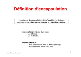 Définition d’encapsulation
Le principe d'encapsulation dit qu'un objet ne doit pas
exposer sa représentation interne au monde extérieur.
2
représentation interne d’un objet:
• Les attributs
• Les méthodes
monde extérieur
• Les autres classes dans la même package
• Les classes des autres packages
Mouna Torjmen Khemakhem
 