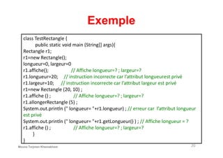 Exemple
class TestRectangle {
public static void main (String[] args){
Rectangle r1;
r1=new Rectangle();
longueur=0, largeur=0
r1.affiche(); // Affiche longueur=? ; largeur=?
r1.longueur=20; // instruction incorrecte car l’attribut longueurest privé
20
r1.longueur=20; // instruction incorrecte car l’attribut longueurest privé
r1.largeur=10; // instruction incorrecte car l’attribut largeur est privé
r1=new Rectangle (20, 10) ;
r1.affiche () ; // Affiche longueur=? ; largeur=?
r1.allongerRectangle (5) ;
System.out.println (" longueur= "+r1.longueur) ; // erreur car l’attribut longueur
est privé
System.out.println (" longueur= "+r1.getLongueur() ) ; // Affiche longueur = ?
r1.affiche () ; // Affiche longueur=? ; largeur=?
}
}
Mouna Torjmen Khemakhem
 