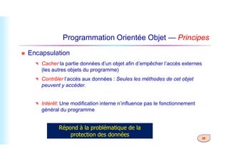 Programmation Orientée Objet — Principes
 Encapsulation
 Cacher la partie données d’un objet afin d’empêcher l’accès externes
(les autres objets du programme)
 Contrôler l’accès aux données : Seules les méthodes de cet objet
20
 Contrôler l’accès aux données : Seules les méthodes de cet objet
peuvent y accéder.
 Intérêt: Une modification interne n’influence pas le fonctionnement
général du programme
Répond à la problématique de la
protection des données
 