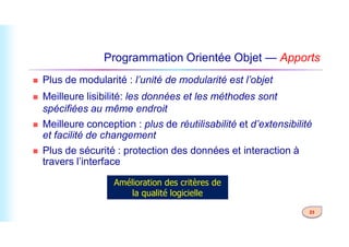 Programmation Orientée Objet — Apports
 Plus de modularité : l’unité de modularité est l’objet
 Meilleure lisibilité: les données et les méthodes sont
spécifiées au même endroit
 Meilleure conception : plus de réutilisabilité et d’extensibilité
23
 Meilleure conception : plus de réutilisabilité et d’extensibilité
et facilité de changement
 Plus de sécurité : protection des données et interaction à
travers l’interface
Amélioration des critères de
la qualité logicielle
 
