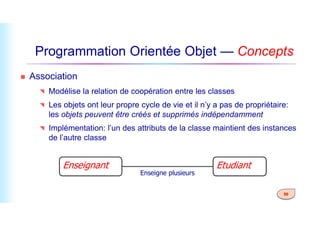 Programmation Orientée Objet — Concepts
 Association
 Modélise la relation de coopération entre les classes
 Les objets ont leur propre cycle de vie et il n’y a pas de propriétaire:
les objets peuvent être créés et supprimés indépendamment
50
les objets peuvent être créés et supprimés indépendamment
 Implémentation: l’un des attributs de la classe maintient des instances
de l’autre classe
Enseignant Etudiant
Enseigne plusieurs
 