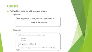  Définition des fonctions membres
 Syntaxe
 Exemple
void point::deplace(int dx,int dy)
{
x+=dx;
y+=dy;
}
void point:: affiche()
{
cout << "position :" <<x <<"," <<y <<"n";
};
Classes
Type nom_classe :: nom_fonction (type param,…)
{
corps de la fonction
}
 