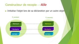 Constructeur de recopie Rôle
 Initialise l’objet lors de sa déclaration par un autre objet
Mamouni
Mustapha
C67965
Mamouni
Mustapha
C67965
P_existant P_nouveau
 