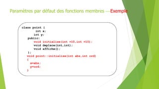 class point {
int x;
int y;
public:
void initialise(int =10,int =10);
void deplace(int,int);
void affiche();
};
void point::initialise(int abs,int ord)
{
x=abs;
y=ord;
}
Paramètres par défaut des fonctions membres Exemple
 