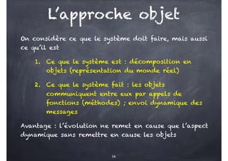 L’approche objet
On considère ce que le système doit faire, mais aussi
ce qu’il est
1. Ce que le système est : décomposition en
objets (représentation du monde réel)
2. Ce que le système fait : les objets
communiquent entre eux par appels de
fonctions (méthodes) ; envoi dynamique des
messages
Avantage : l’évolution ne remet en cause que l’aspect
dynamique sans remettre en cause les objets
14
 
