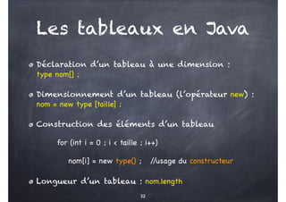 Les tableaux en Java
Déclaration d’un tableau à une dimension :
type nom[] ;
Dimensionnement d’un tableau (l’opérateur new) :
nom = new type [taille] ;
Construction des éléments d’un tableau
for (int i = 0 ; i < taille ; i++)
nom[i] = new type() ; /
/usage du constructeur
Longueur d’un tableau : nom.length
32
 