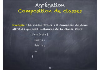 Agrégation
Composition de classes
Exemple : La classe Droite est composée de deux
attributs qui sont instances de la classe Point
Class Droite {
Point a ;
Point b ;
....
}
55
 
