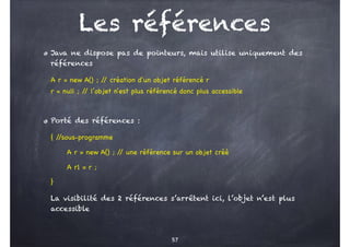 Les références
Java ne dispose pas de pointeurs, mais utilise uniquement des
références
A r = new A() ; /
/ création d’un objet référencé r
r = null ; /
/ l’objet n’est plus référencé donc plus accessible
Porté des références :
{ /
/sous-programme
A r = new A() ; /
/ une référence sur un objet créé
A r1 = r ;
}
La visibilité des 2 références s’arrêtent ici, l’objet n’est plus
accessible
57
 